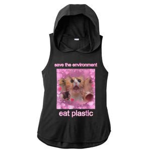 Save The Environment Eat Plastic Funny Cute Cat Meme Ladies PosiCharge Tri-Blend Wicking Draft Hoodie Tank