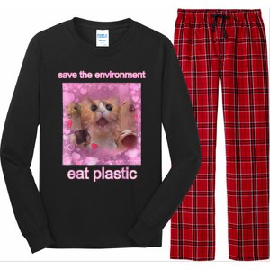 Save The Environment Eat Plastic Funny Cute Cat Meme Long Sleeve Pajama Set