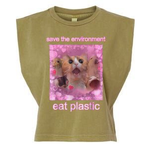 Save The Environment Eat Plastic Funny Cute Cat Meme Garment-Dyed Women's Muscle Tee