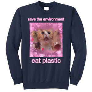 Save The Environment Eat Plastic Funny Cute Cat Meme Sweatshirt