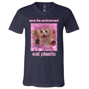 Save The Environment Eat Plastic Funny Cute Cat Meme V-Neck T-Shirt