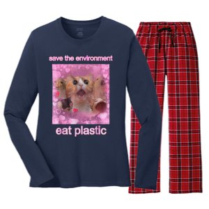 Save The Environment Eat Plastic Funny Cute Cat Meme Women's Long Sleeve Flannel Pajama Set 