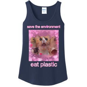 Save The Environment Eat Plastic Funny Cute Cat Meme Ladies Essential Tank