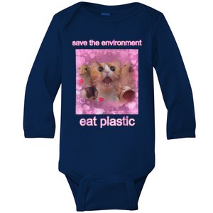 Save The Environment Eat Plastic Funny Cute Cat Meme Baby Long Sleeve Bodysuit