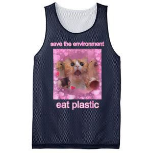 Save The Environment Eat Plastic Funny Cute Cat Meme Mesh Reversible Basketball Jersey Tank