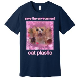 Save The Environment Eat Plastic Funny Cute Cat Meme Premium T-Shirt