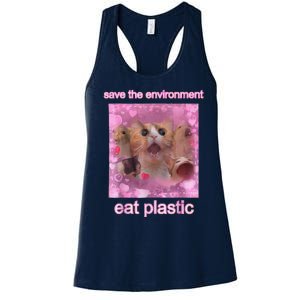 Save The Environment Eat Plastic Funny Cute Cat Meme Women's Racerback Tank