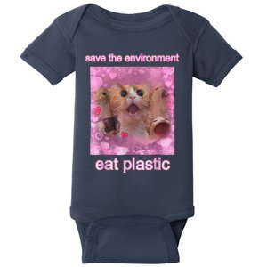 Save The Environment Eat Plastic Funny Cute Cat Meme Baby Bodysuit