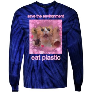 Save The Environment Eat Plastic Funny Cute Cat Meme Tie-Dye Long Sleeve Shirt