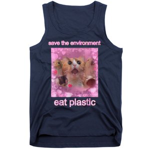 Save The Environment Eat Plastic Funny Cute Cat Meme Tank Top