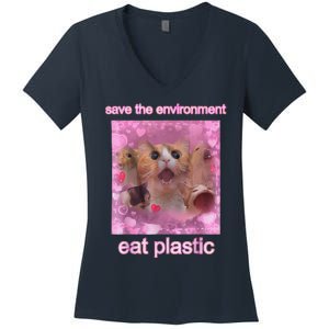 Save The Environment Eat Plastic Funny Cute Cat Meme Women's V-Neck T-Shirt