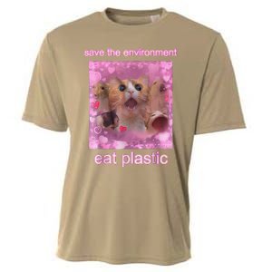 Save The Environment Eat Plastic Funny Cute Cat Meme Cooling Performance Crew T-Shirt