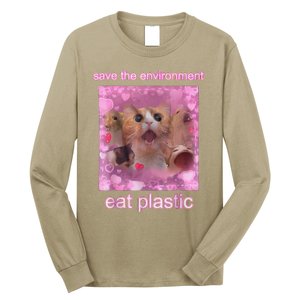 Save The Environment Eat Plastic Funny Cute Cat Meme Long Sleeve Shirt