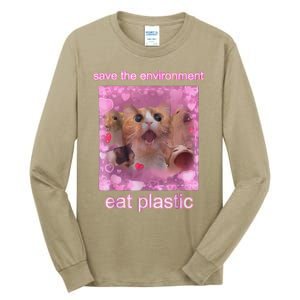 Save The Environment Eat Plastic Funny Cute Cat Meme Tall Long Sleeve T-Shirt