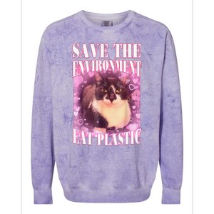 Save The Environment Eat Plastic Funny Cute Cat Meme Colorblast Crewneck Sweatshirt