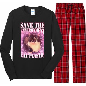 Save The Environment Eat Plastic Funny Cute Cat Meme Long Sleeve Pajama Set