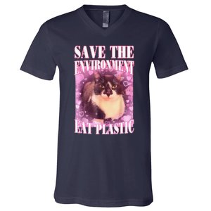 Save The Environment Eat Plastic Funny Cute Cat Meme V-Neck T-Shirt