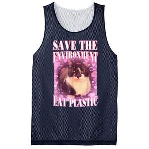 Save The Environment Eat Plastic Funny Cute Cat Meme Mesh Reversible Basketball Jersey Tank