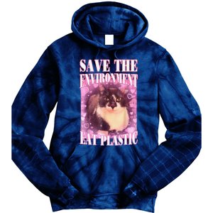 Save The Environment Eat Plastic Funny Cute Cat Meme Tie Dye Hoodie