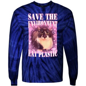 Save The Environment Eat Plastic Funny Cute Cat Meme Tie-Dye Long Sleeve Shirt