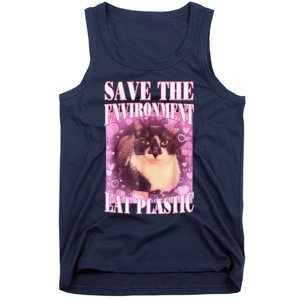 Save The Environment Eat Plastic Funny Cute Cat Meme Tank Top