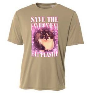 Save The Environment Eat Plastic Funny Cute Cat Meme Cooling Performance Crew T-Shirt