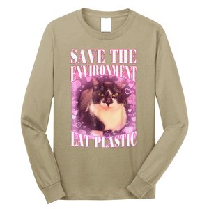 Save The Environment Eat Plastic Funny Cute Cat Meme Long Sleeve Shirt