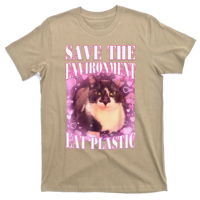 Save The Environment Eat Plastic Funny Cute Cat Meme T-Shirt