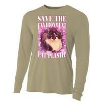 Save The Environment Eat Plastic Funny Cute Cat Meme Cooling Performance Long Sleeve Crew