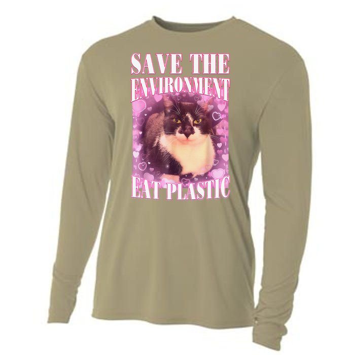 Save The Environment Eat Plastic Funny Cute Cat Meme Cooling Performance Long Sleeve Crew