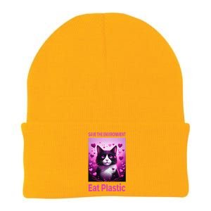 Save The Environment Eat Plastic Earth Day 2025 Cat Meme Knit Cap Winter Beanie