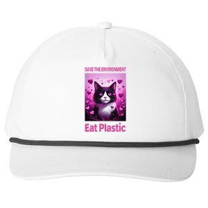 Save The Environment Eat Plastic Earth Day 2025 Cat Meme Snapback Five-Panel Rope Hat