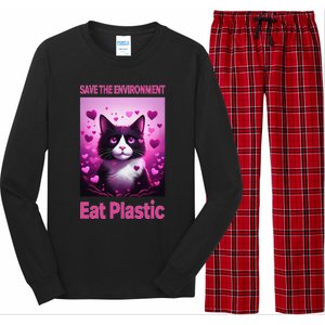 Save The Environment Eat Plastic Earth Day 2025 Cat Meme Long Sleeve Pajama Set