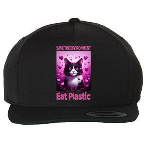 Save The Environment Eat Plastic Earth Day 2025 Cat Meme Wool Snapback Cap