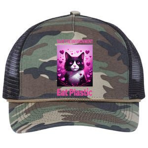 Save The Environment Eat Plastic Earth Day 2025 Cat Meme Retro Rope Trucker Hat Cap