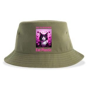 Save The Environment Eat Plastic Earth Day 2025 Cat Meme Sustainable Bucket Hat