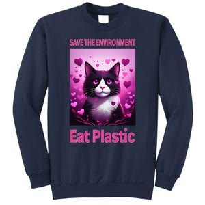 Save The Environment Eat Plastic Earth Day 2025 Cat Meme Sweatshirt