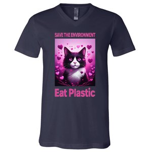 Save The Environment Eat Plastic Earth Day 2025 Cat Meme V-Neck T-Shirt