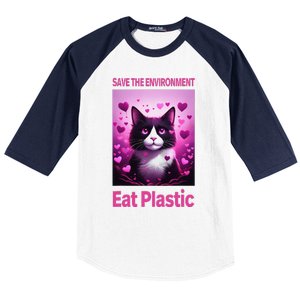 Save The Environment Eat Plastic Earth Day 2025 Cat Meme Baseball Sleeve Shirt