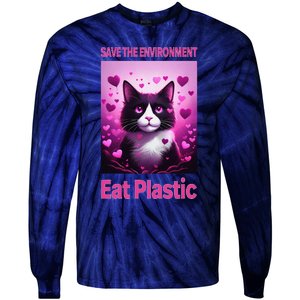 Save The Environment Eat Plastic Earth Day 2025 Cat Meme Tie-Dye Long Sleeve Shirt