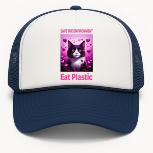 Save The Environment Eat Plastic Earth Day 2025 Cat Meme Trucker Hat