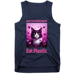 Save The Environment Eat Plastic Earth Day 2025 Cat Meme Tank Top