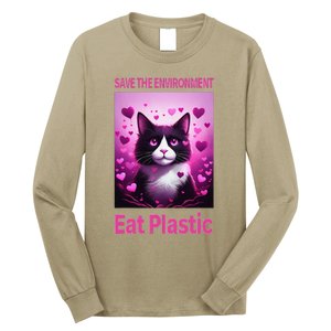 Save The Environment Eat Plastic Earth Day 2025 Cat Meme Long Sleeve Shirt