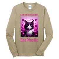 Save The Environment Eat Plastic Earth Day 2025 Cat Meme Tall Long Sleeve T-Shirt