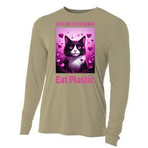 Save The Environment Eat Plastic Earth Day 2025 Cat Meme Cooling Performance Long Sleeve Crew