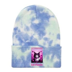 Save The Environment Eat Plastic Earth Day 2025 Cat Meme Tie Dye 12in Knit Beanie