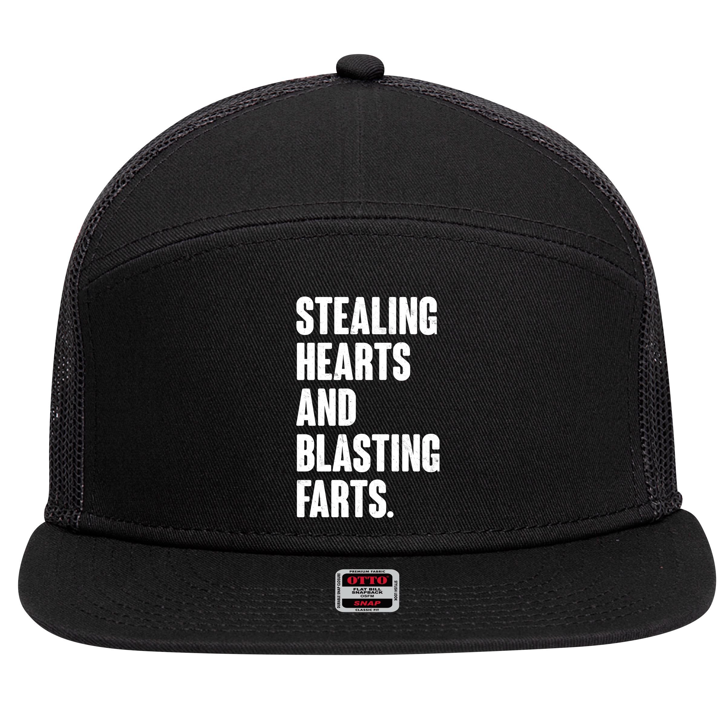Stealing Hearts And Blasting Farts 7 Panel Mesh Trucker Snapback Hat