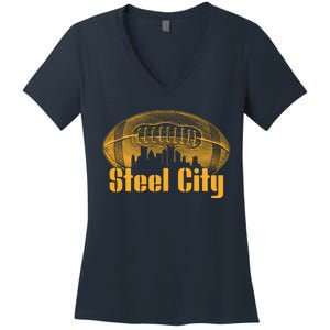 Steel City Pittsburg Skyline Football Women's V-Neck T-Shirt