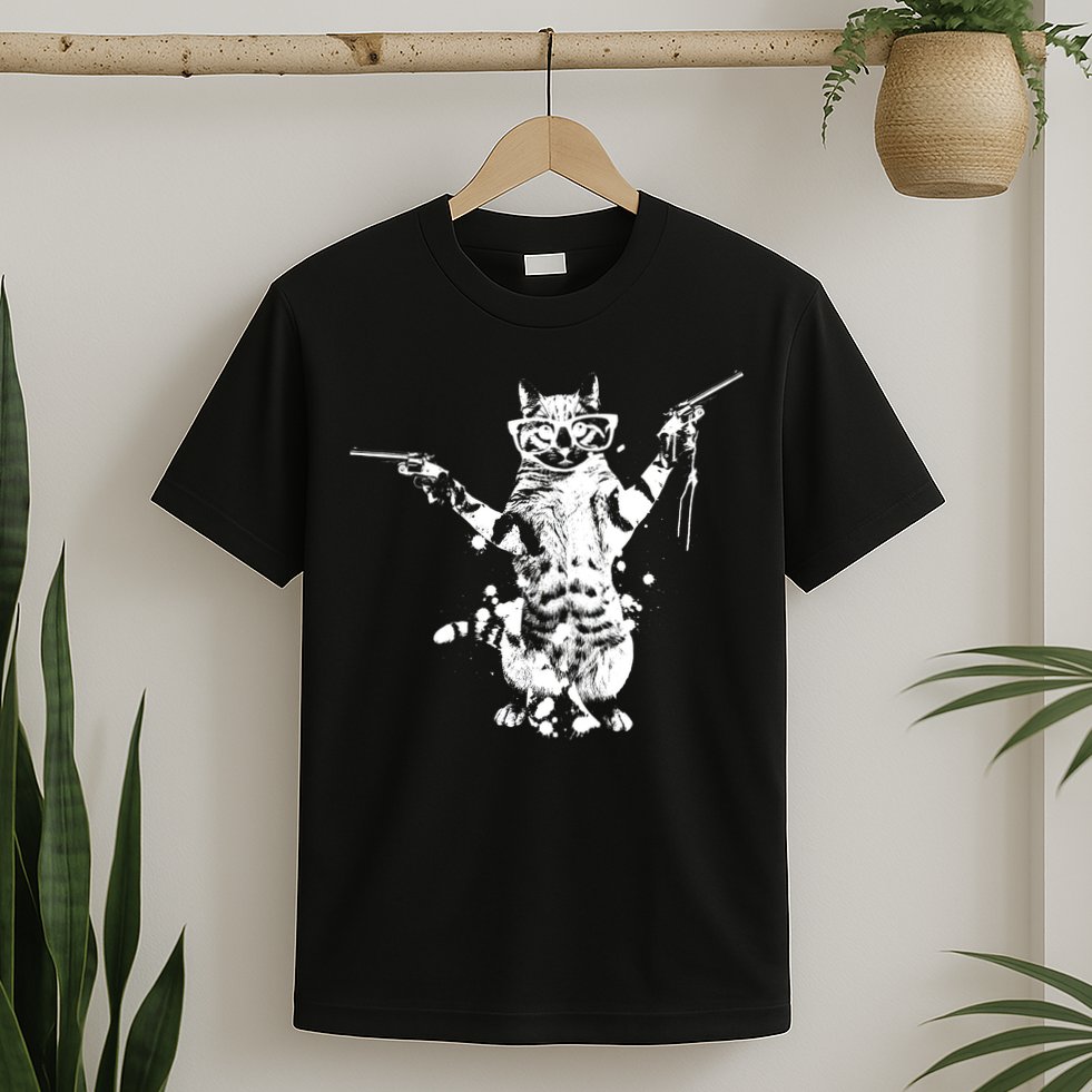 Stencil Graffiti Cat Armed With Guns T-Shirt