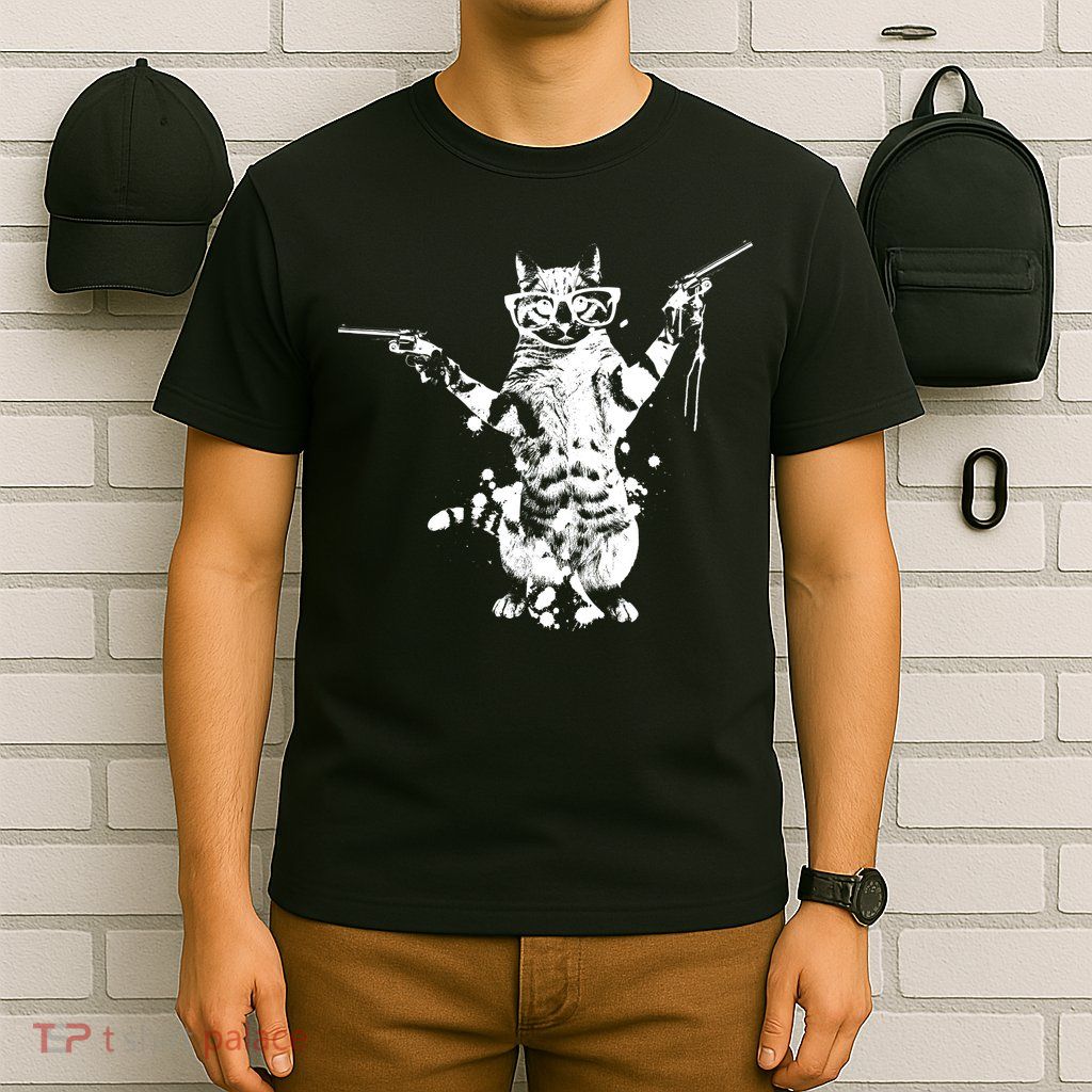 Stencil Graffiti Cat Armed With Guns T-Shirt
